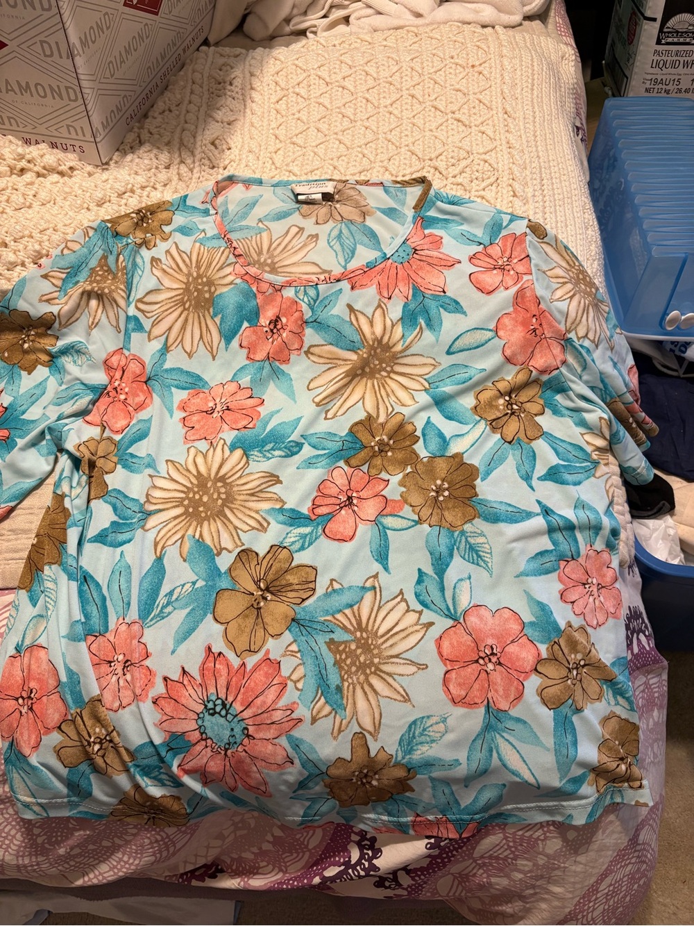 Tradition Plus Women's Floral Scoop Neck Top - Aqua with Coral & Tan Flowers